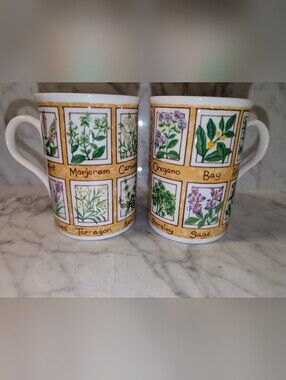 🌿 Vintage Royal Crown E&R Herb Print Mugs Fine Bone China England Made Set of 2